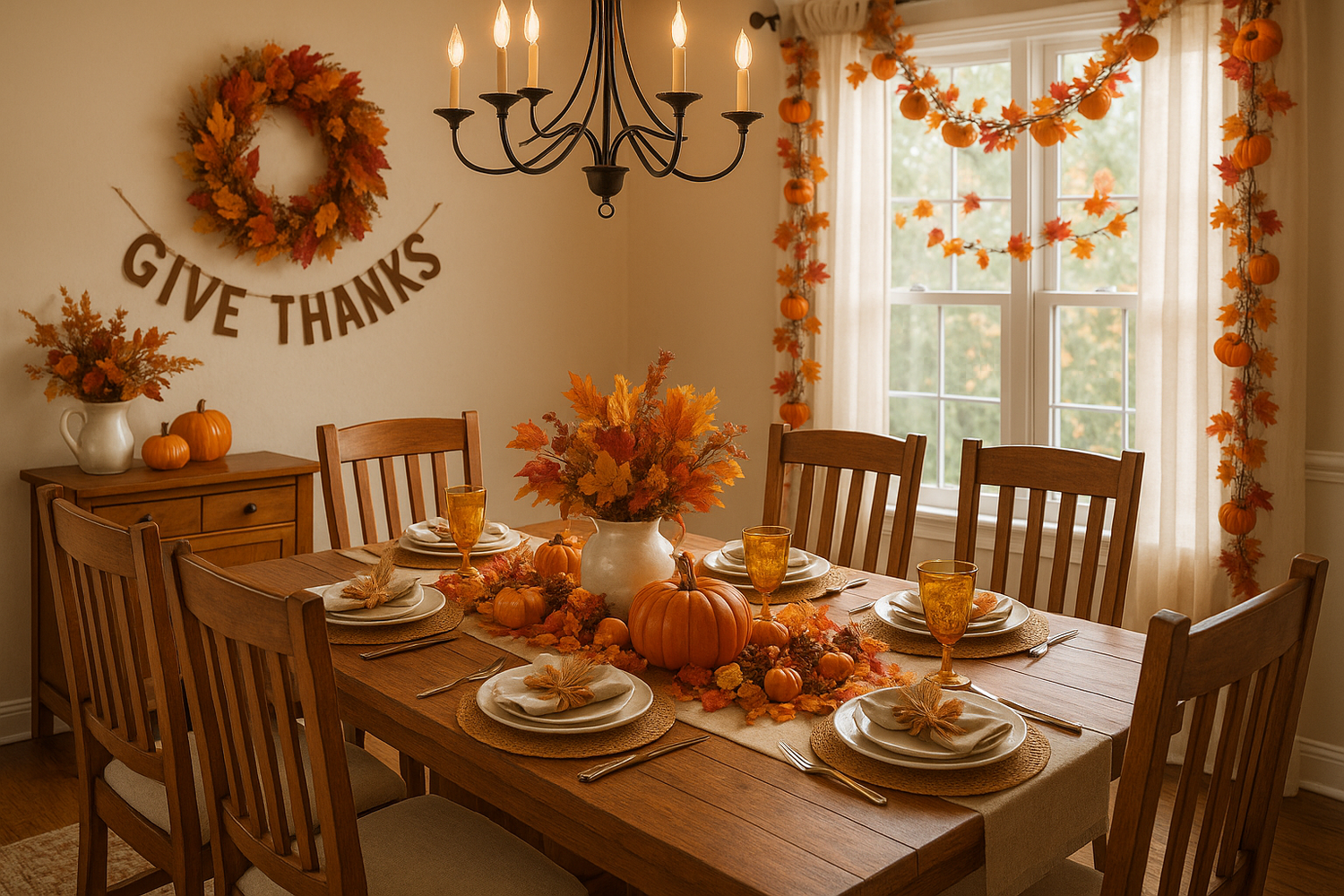 Thanksgiving dining table with pumpkins, fall leaves, and 'Give Thanks' decor for autumn home styling