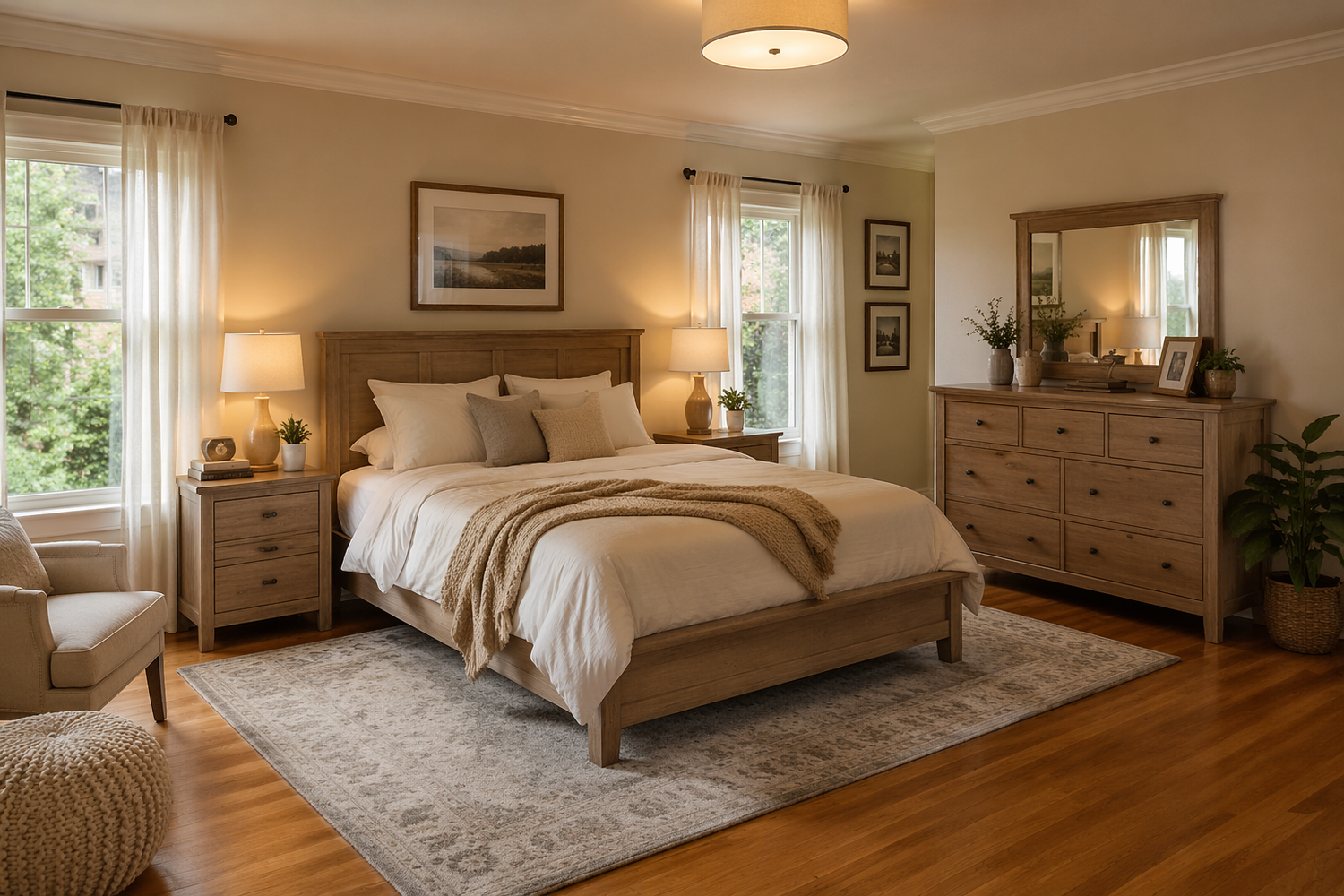Modern wooden bedroom set with bed, nightstands, dresser, and cozy neutral decor for home