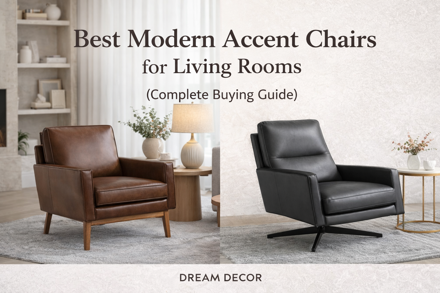 Modern leather accent chairs for living rooms, brown and black styles with side tables and decor