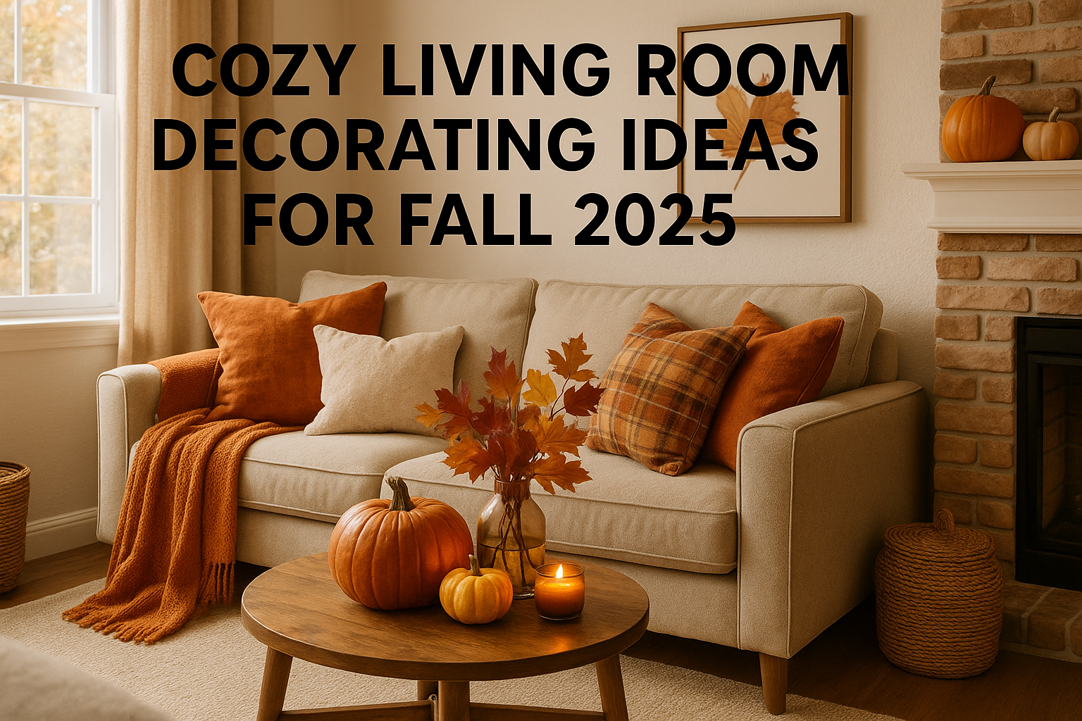 Cozy fall living room with orange pillows, pumpkins, and autumn leaves for seasonal home decor ideas