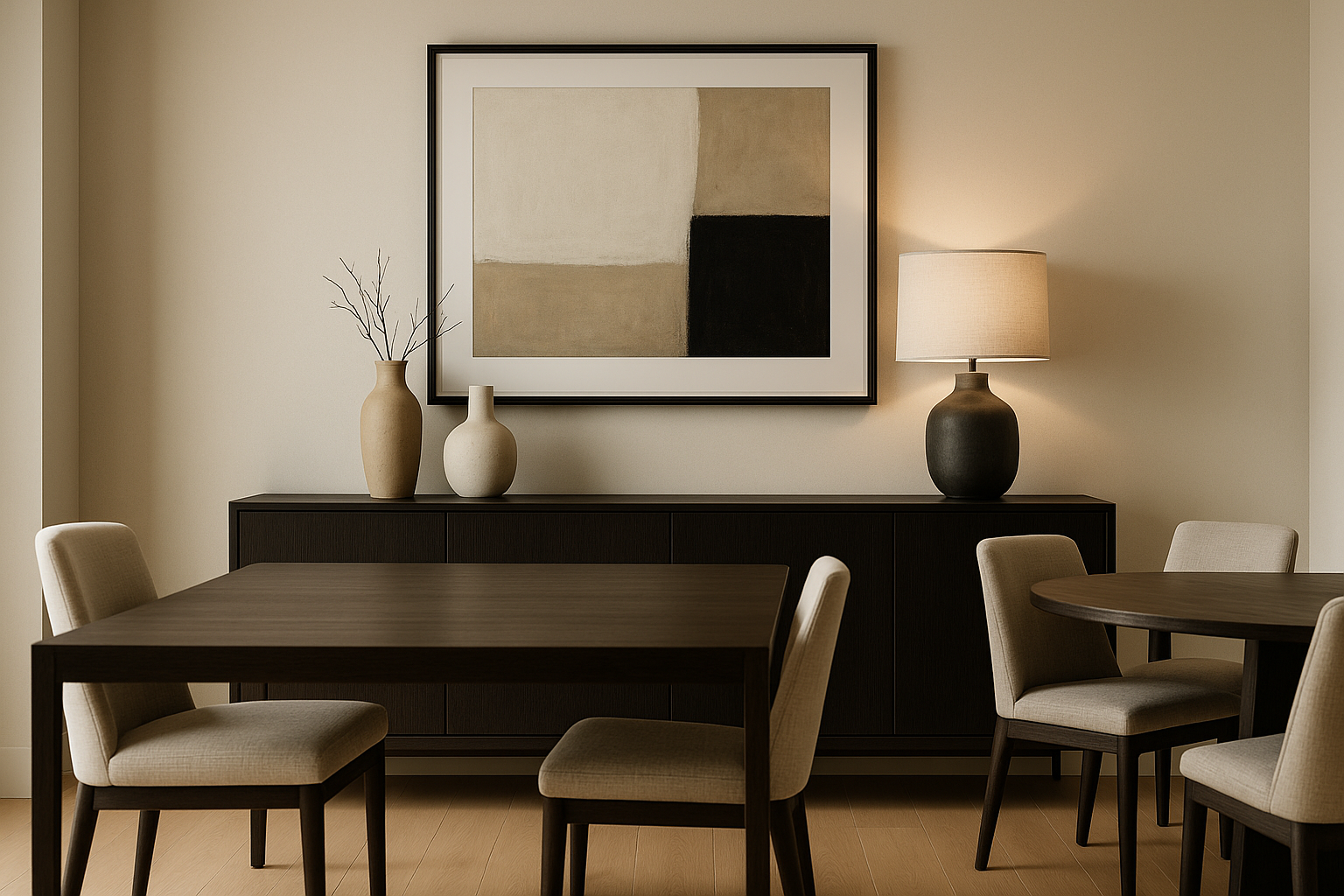 Modern dining room set with dark wood table, beige upholstered chairs, sideboard, and abstract wall art