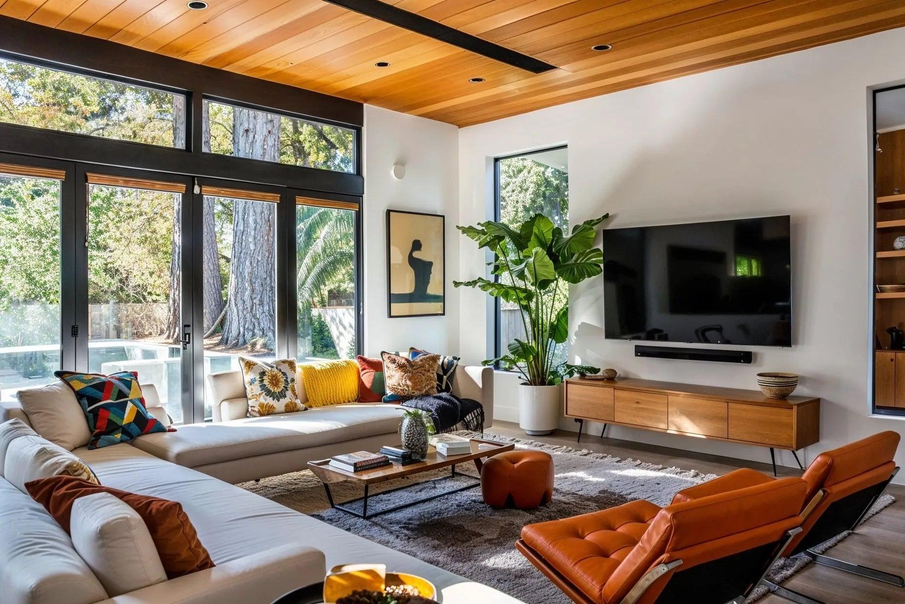 Modern living room with white sectional sofa, orange leather chairs, wood ceiling, and large windows