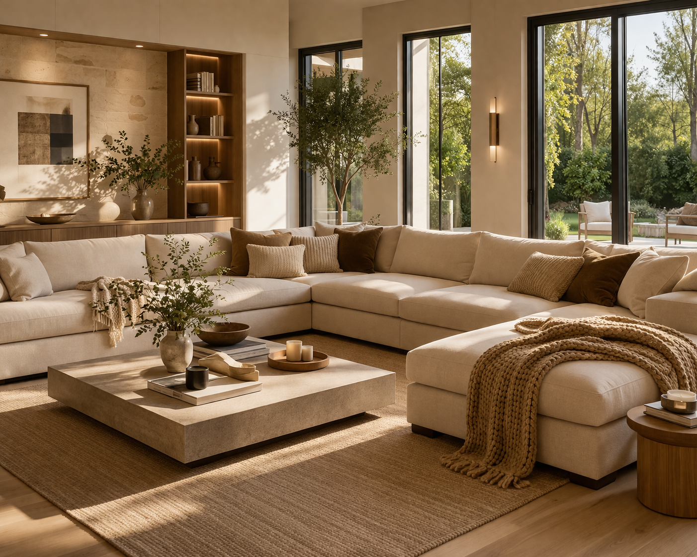 Modern beige sectional sofa with cozy throw blankets in sunlit living room with large windows and neutral decor