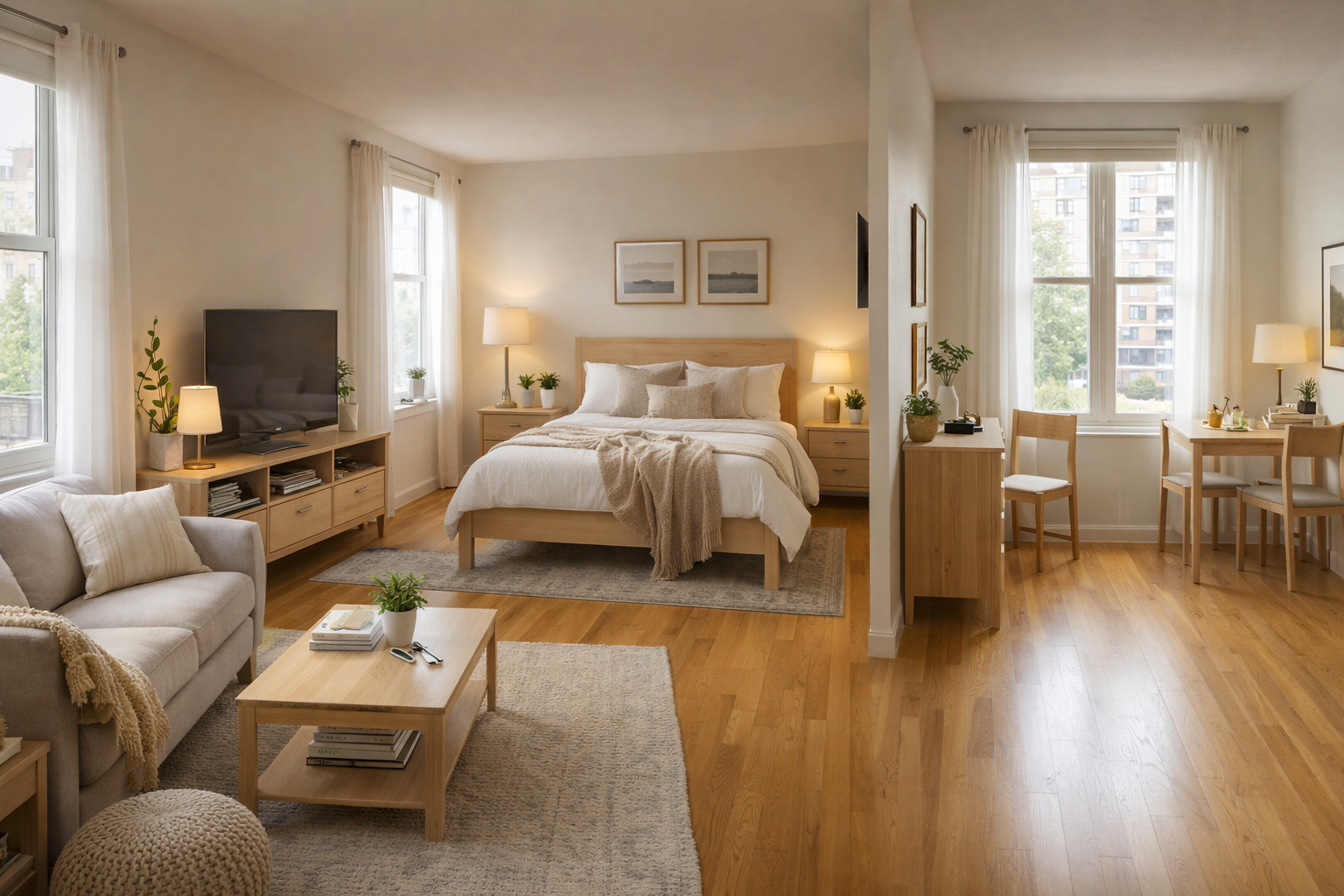 Modern studio apartment with cozy bed, wooden furniture, and bright natural light for stylish living spaces