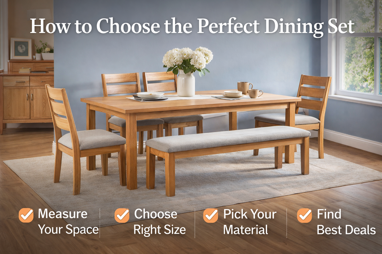 Modern wooden dining set with chairs and bench, styled in cozy dining room with blue walls and rug
