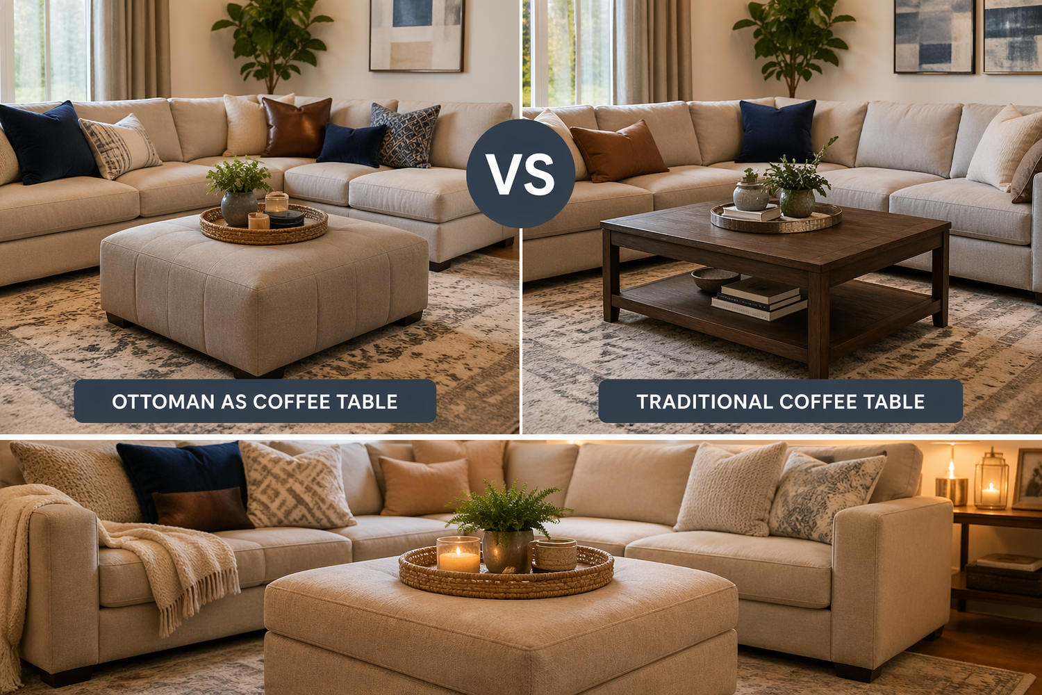 Ottoman vs traditional coffee table in modern living room with cozy decor
