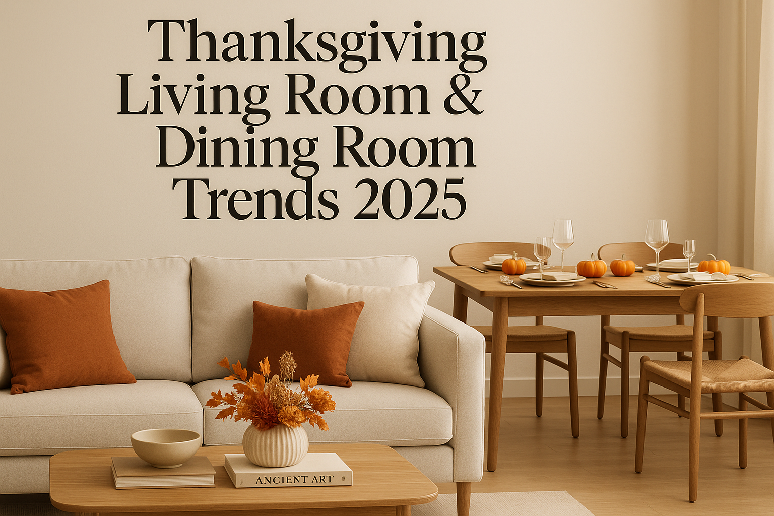 Thanksgiving living room & dining room trends 2025 with modern furniture, orange pillows, pumpkins, and warm decor