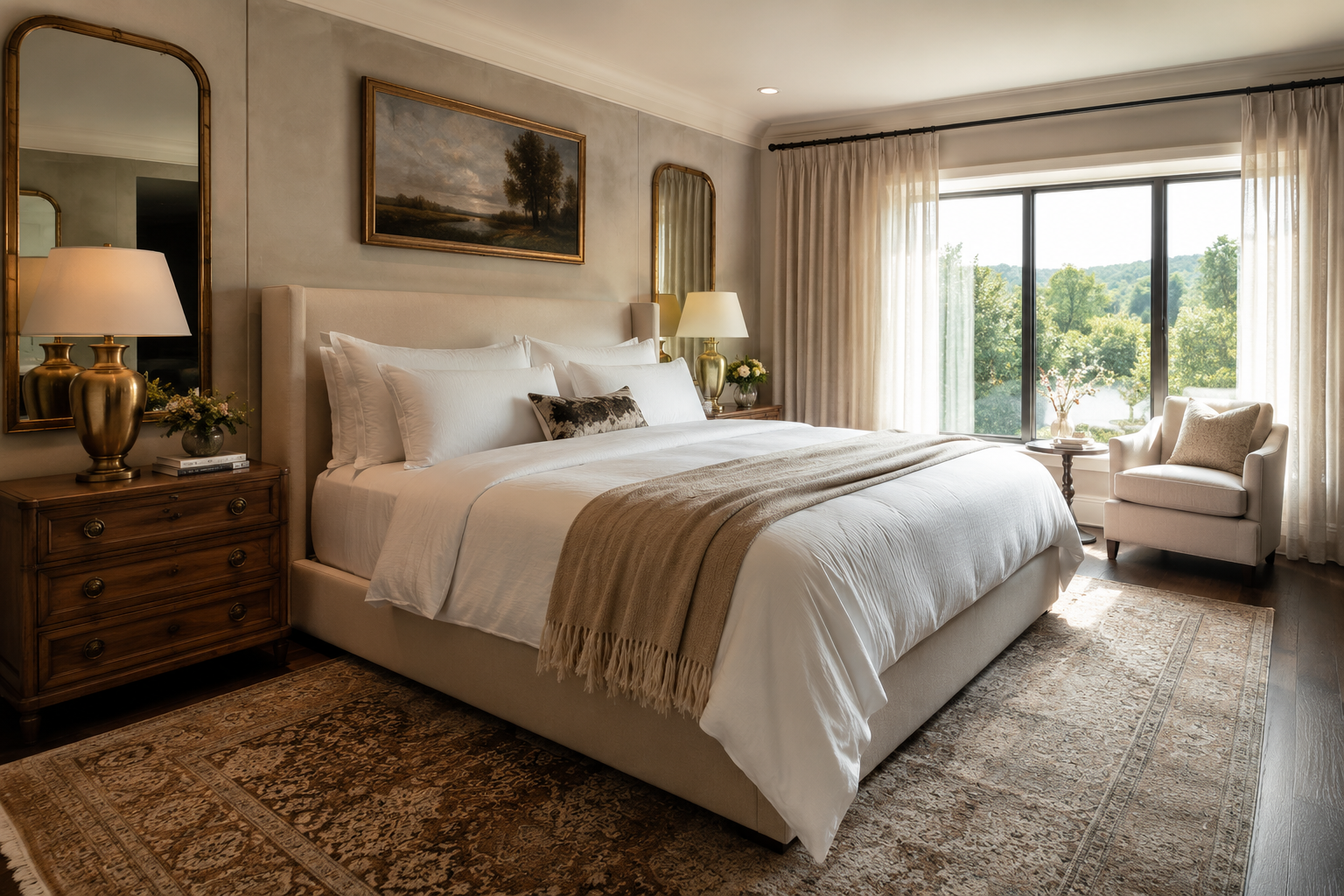 Luxury king bed with white linen bedding in a serene bedroom