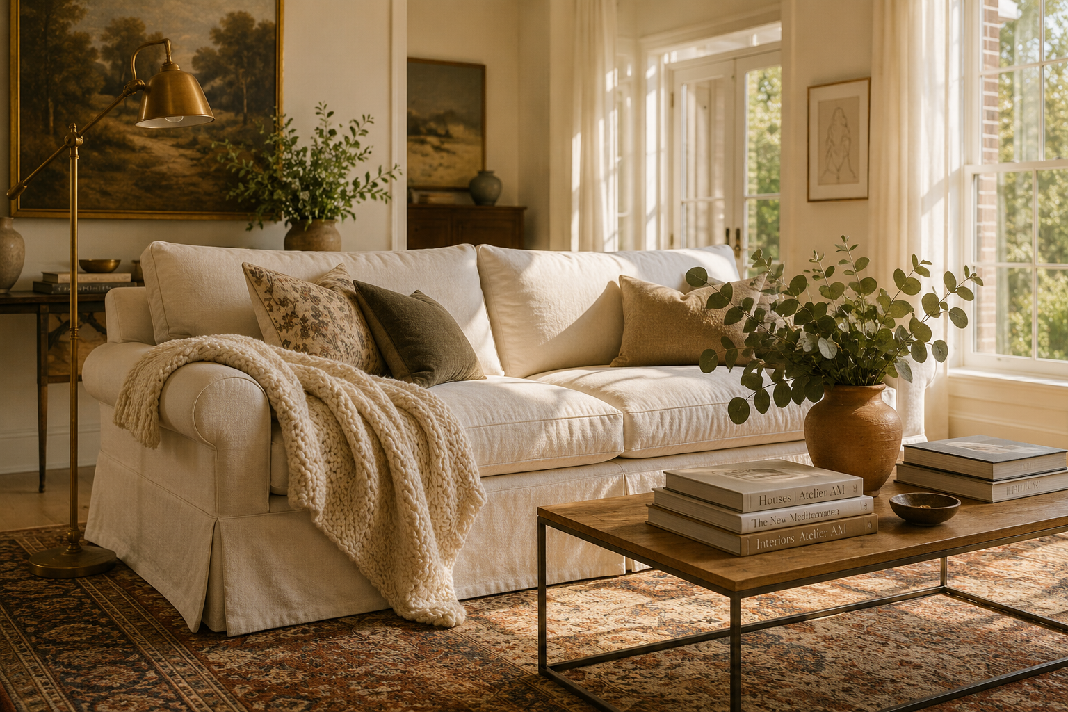 Cream linen skirted sofa with kick-pleat in a sunlit 2026 living room