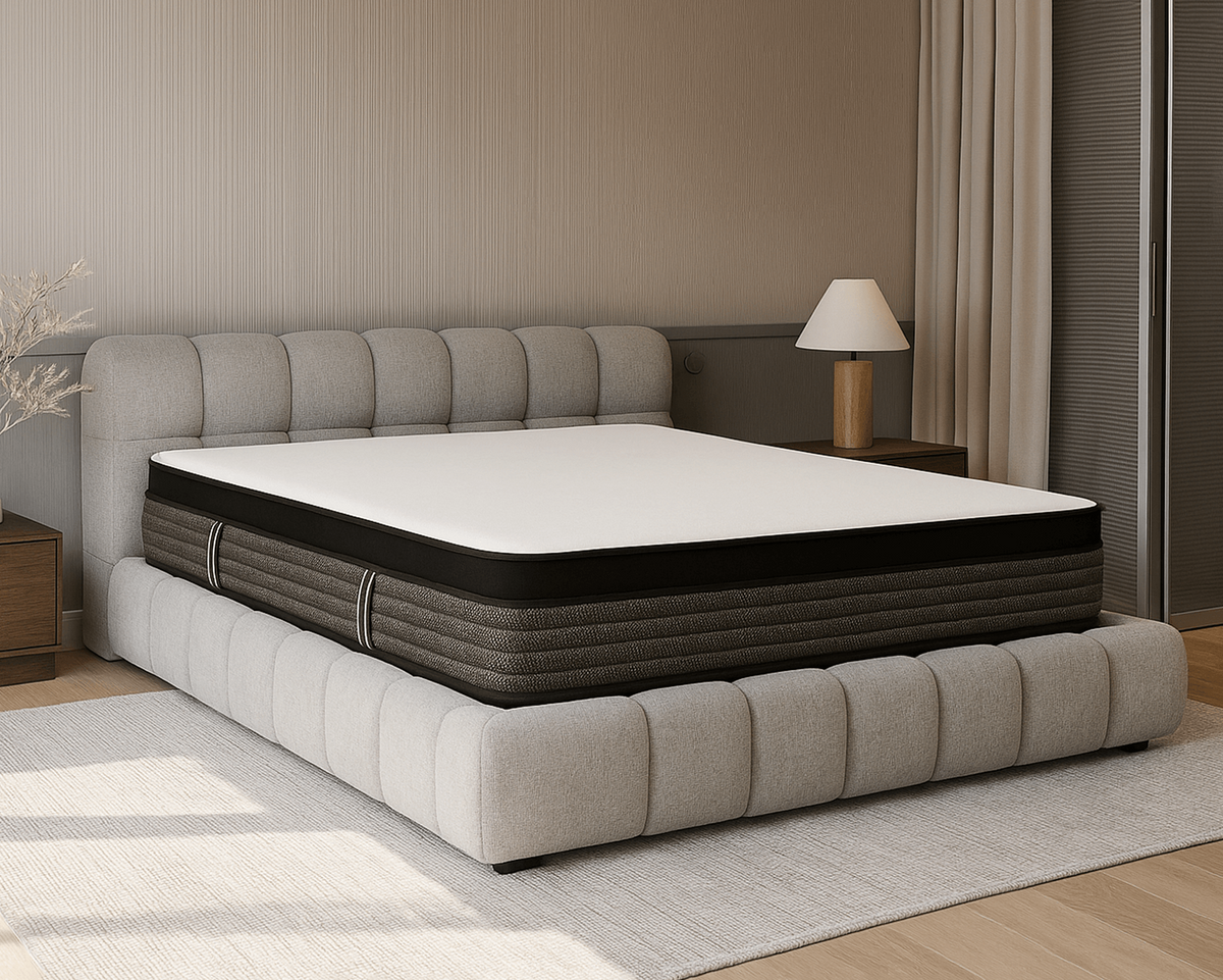 Modern light wood bedroom set with bed and dresser, featuring neutral tones and contemporary design