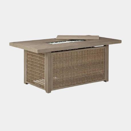 Modern wicker fire pit table with glass beads, perfect for outdoor patio decor and cozy evenings.
