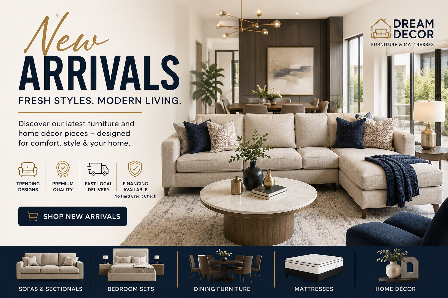 Modern beige sectional sofa with blue pillows in stylish living room, new arrivals furniture & home decor
