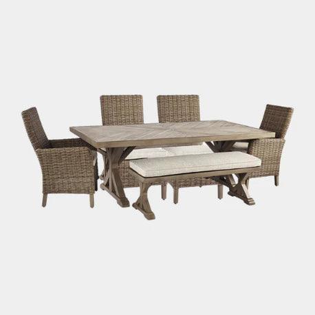 Wicker outdoor dining set with wooden table, 4 chairs, and cushioned bench for patio or garden