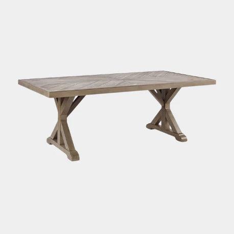 Modern farmhouse dining table with X-leg base and weathered wood finish, perfect for rustic home decor