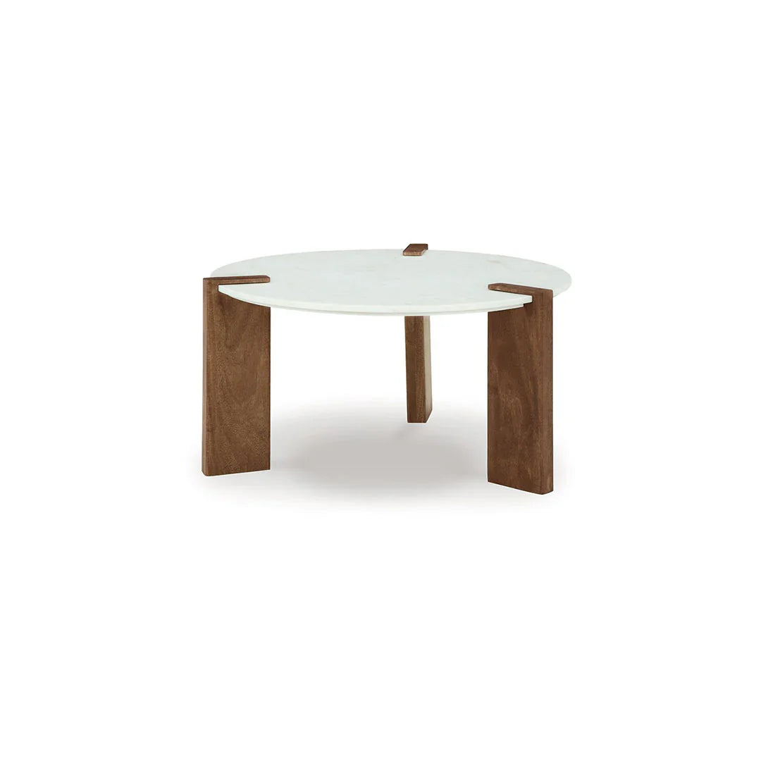 Modern round coffee table with white marble top and walnut wood legs, minimalist home decor