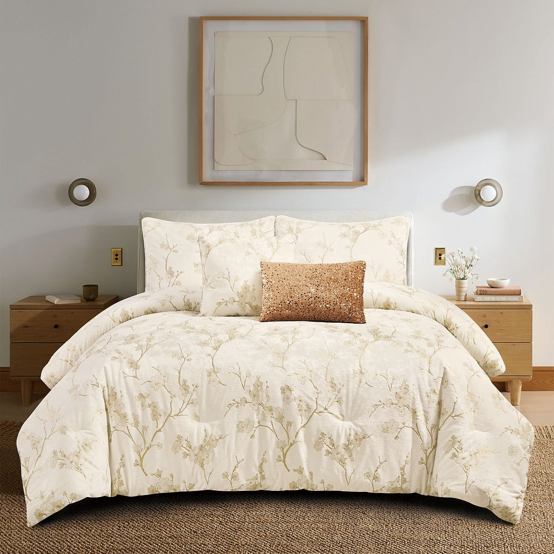 Cream floral comforter set with gold branches, modern bedroom decor, cozy bedding ensemble