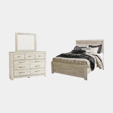 Modern light wood bedroom set with bed and dresser, featuring neutral tones and contemporary design
