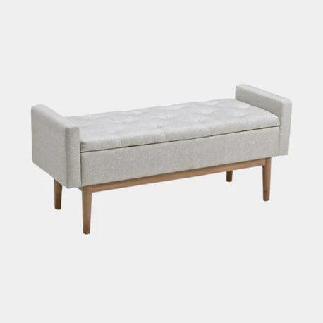 Modern tufted storage bench with light fabric and wooden legs for bedroom or entryway