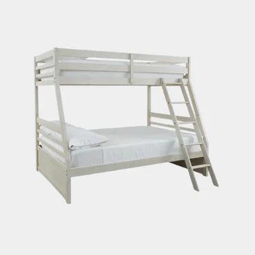 White modern bunk bed with ladder, perfect for kids' rooms or small spaces