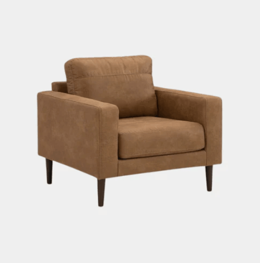 Modern brown suede armchair with dark wooden legs, cozy living room furniture