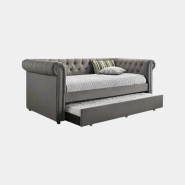 Gray tufted sofa bed with pull-out trundle, modern home furniture for small spaces