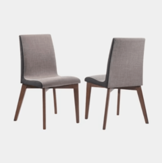 Modern upholstered dining chairs with wooden legs, gray fabric, sleek design for contemporary home decor