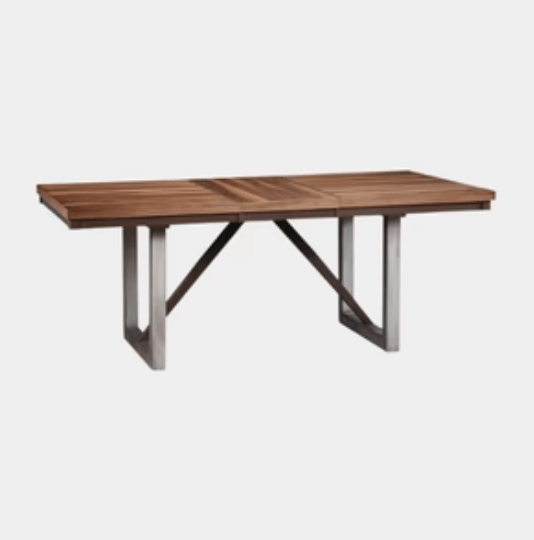 Modern wooden dining table with metal X-leg base, ideal for contemporary home decor