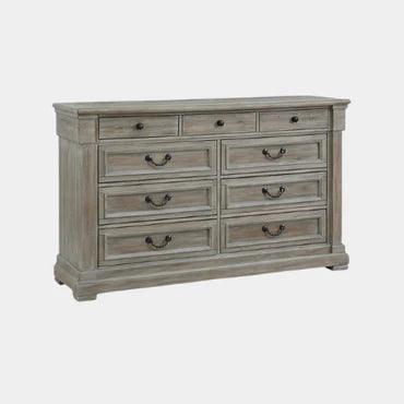 Rustic gray wooden dresser with nine drawers and black metal handles, modern home furniture