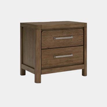 Modern wooden nightstand with two drawers and sleek metal handles, perfect for bedroom furniture