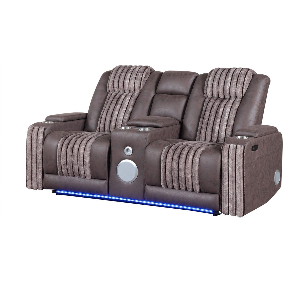 Brown U8000 power console reclining loveseat, angled view, with speaker console and LED lighting