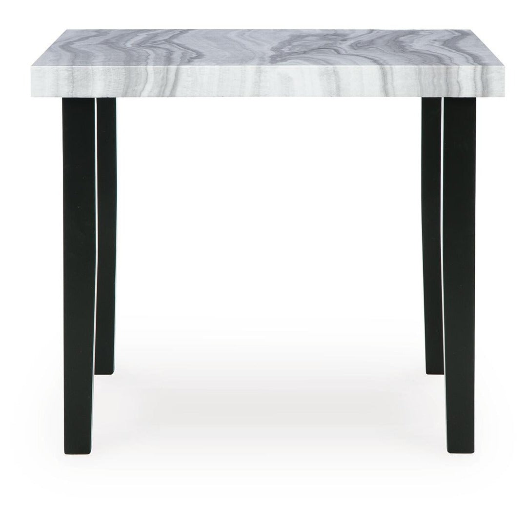Mervannie Square Counter Height Dining Table – front view with faux gray marble top and matte black solid wood legs
