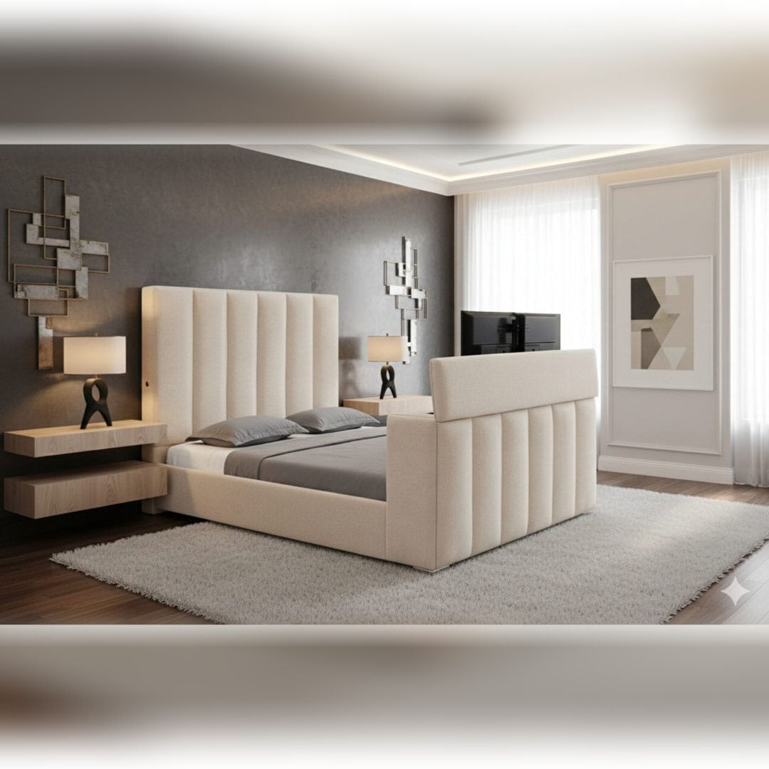 Serenity cream fluted upholstered bed in a modern bedroom with a TV raised from the footboard lift