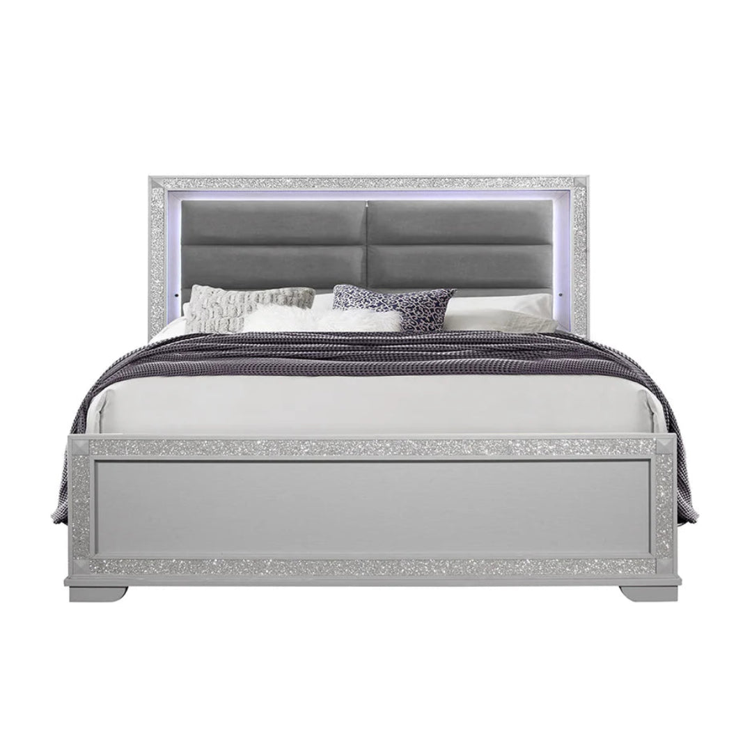 Chalice Silver Upholstered Bed with Led - Dream Decor