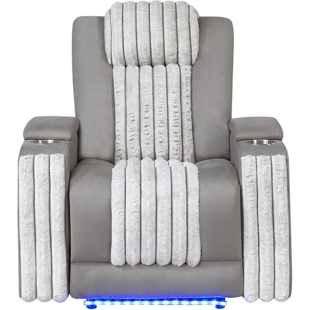 Gray U8000 power recliner, front view, with light grey corduroy stripes and LED base lighting