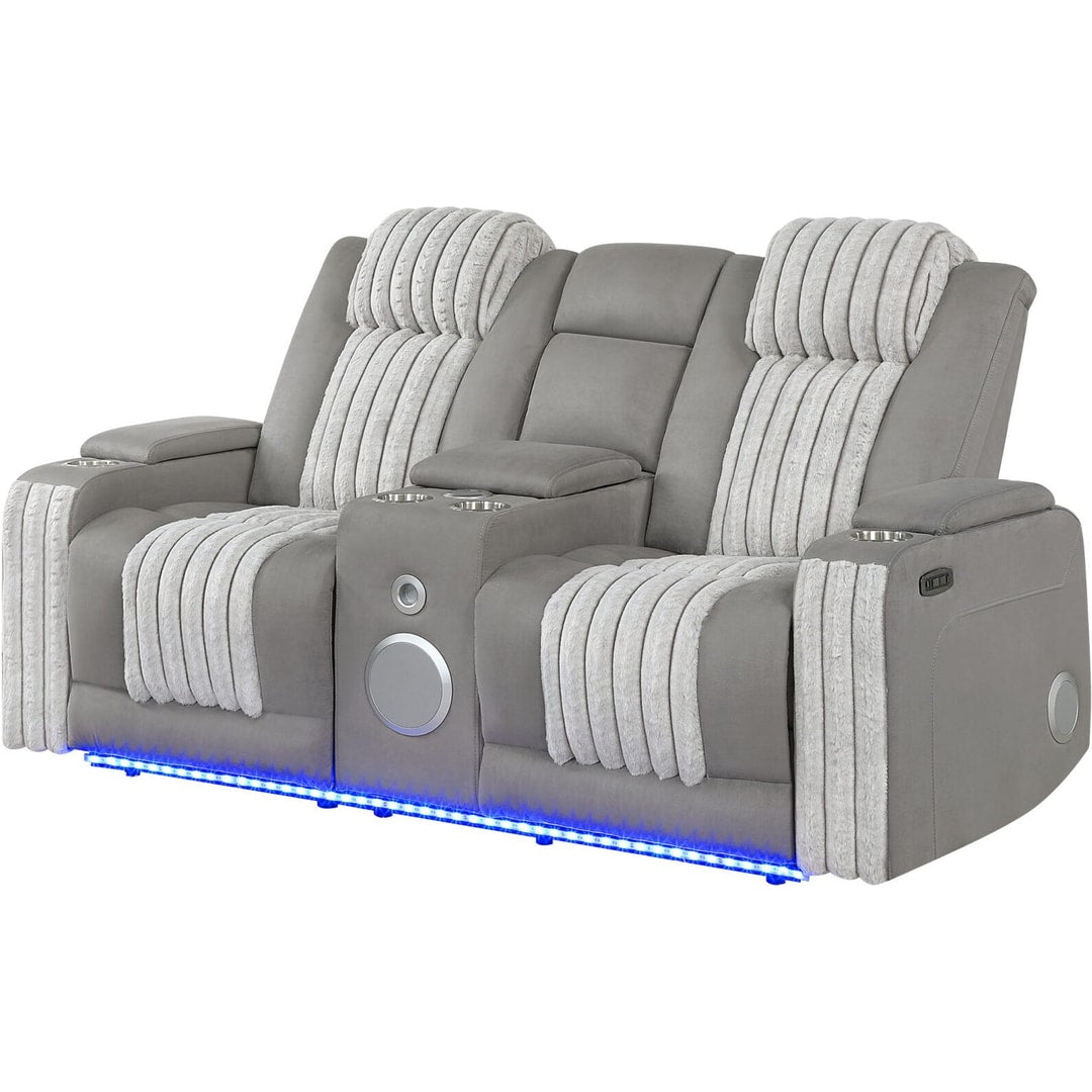 Gray U8000 power console reclining loveseat, angled view, with center console and LED base lighting
