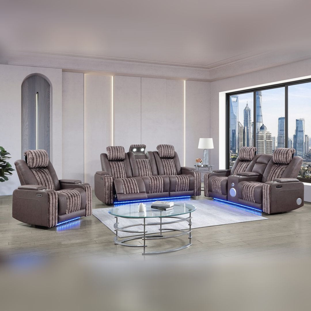 Brown U8000 power console reclining loveseat shown with the matching sofa and recliner (sold separately)