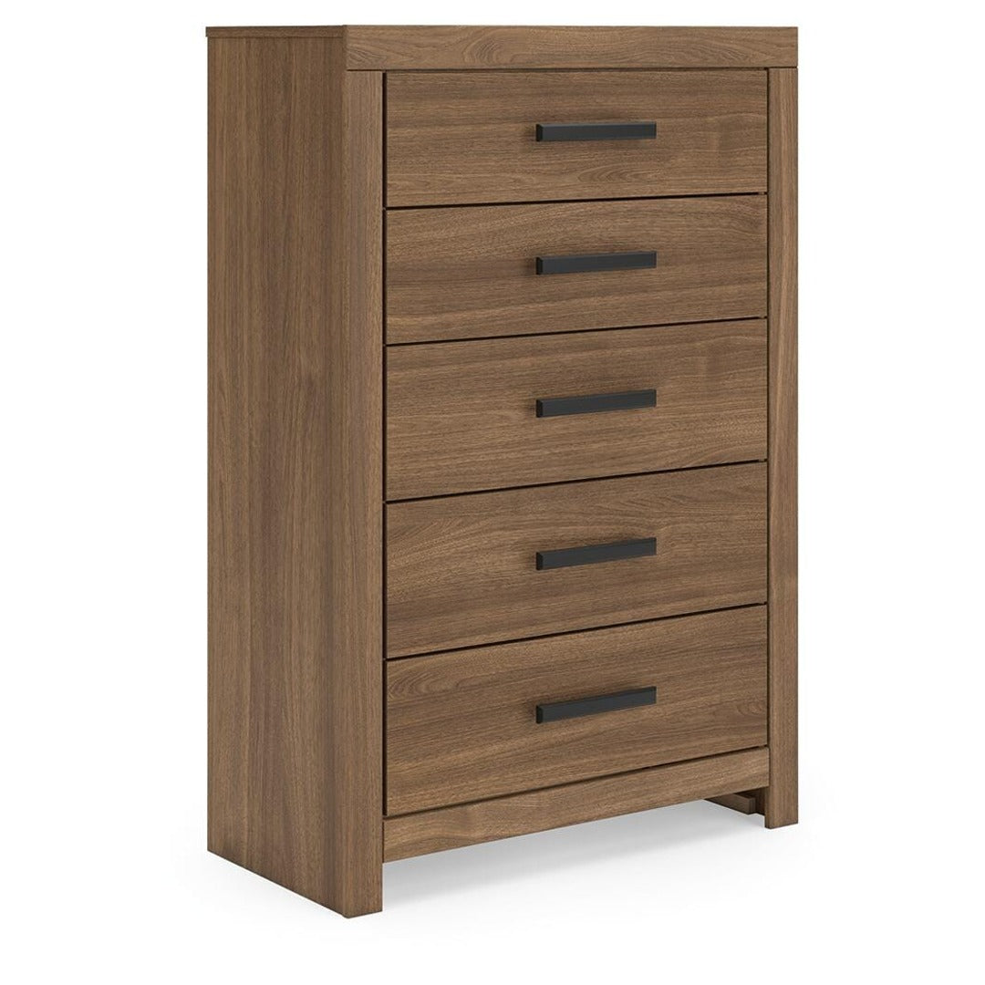 Broachmyn Five Drawer Chest in Auburn finish – angled view showing warm wood grain and black hardware