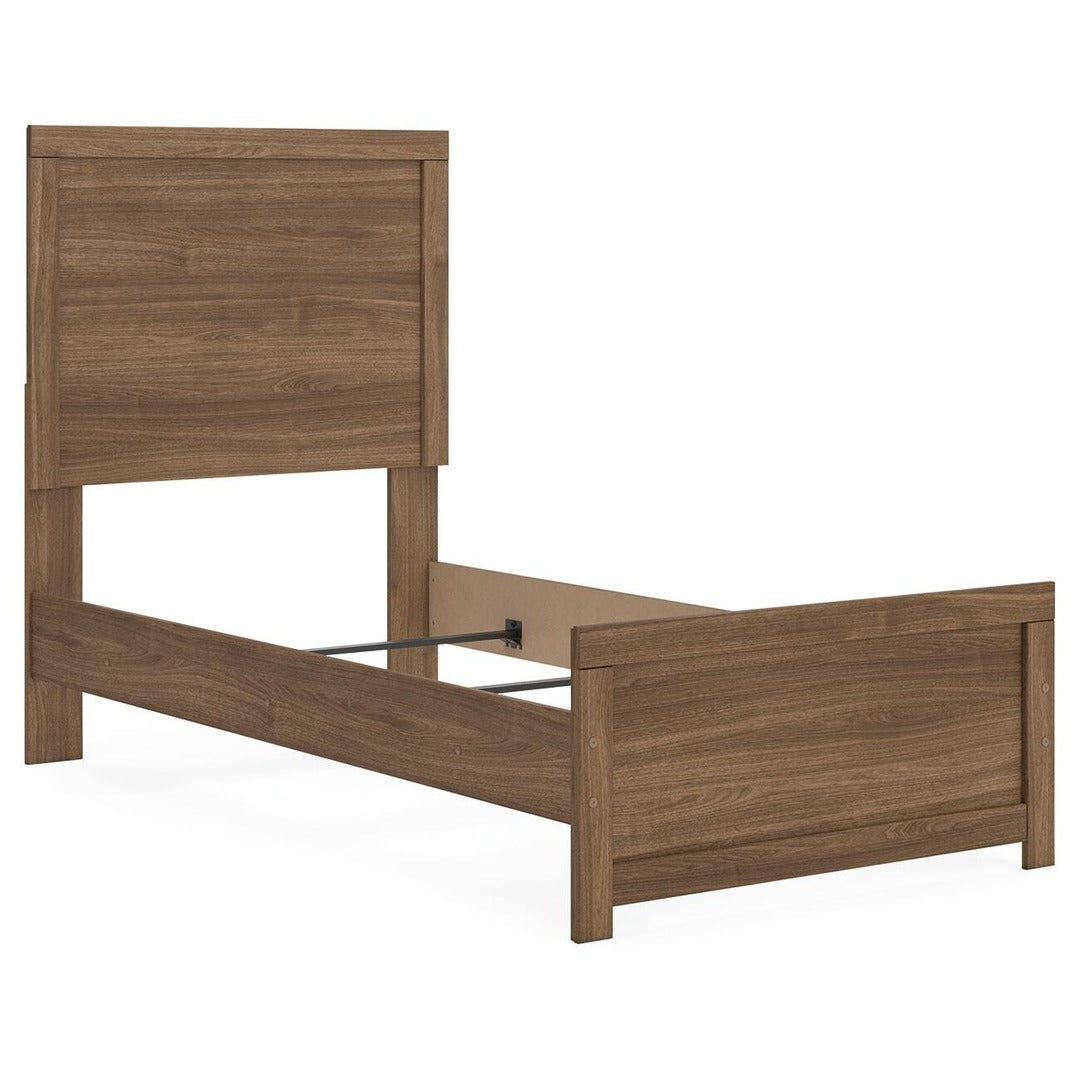 Broachmyn Twin Panel Bed – angled view showing warm auburn finish over replicated wood grain panel headboard and footboard