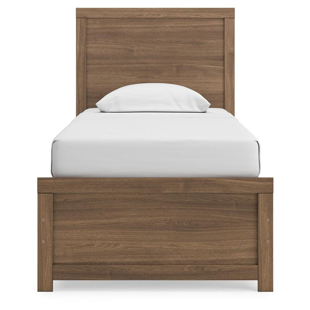 Broachmyn Twin Panel Bed – front view showcasing the warm auburn panel headboard and clean-lined design
