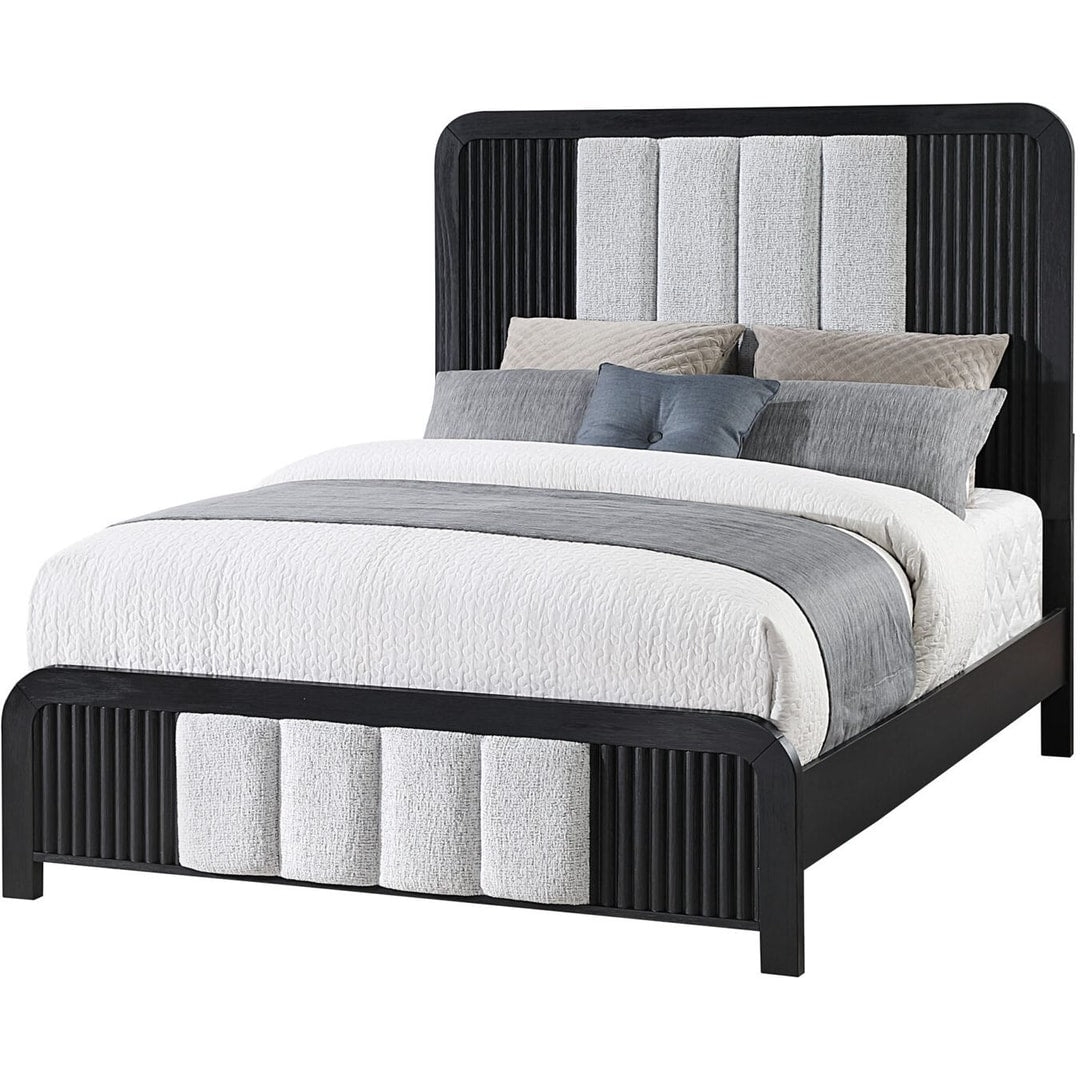 Beckett queen bed at an angle: black fluted wood frame with white channel-stitched headboard and footboard panels
