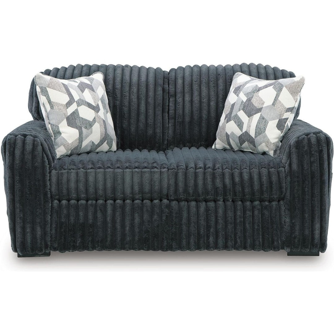 Midnight Madness loveseat in Gunmetal jumbo corduroy, straight-on front view showing the wide-wale ribbing