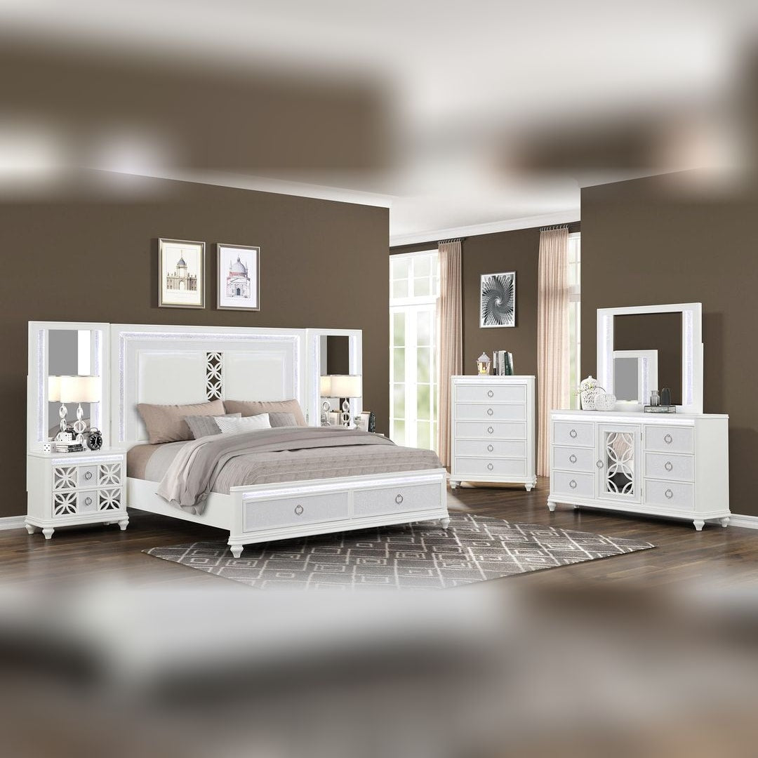 Abigale King 5 Pc Bedroom Set with Mirror Top Nightstand