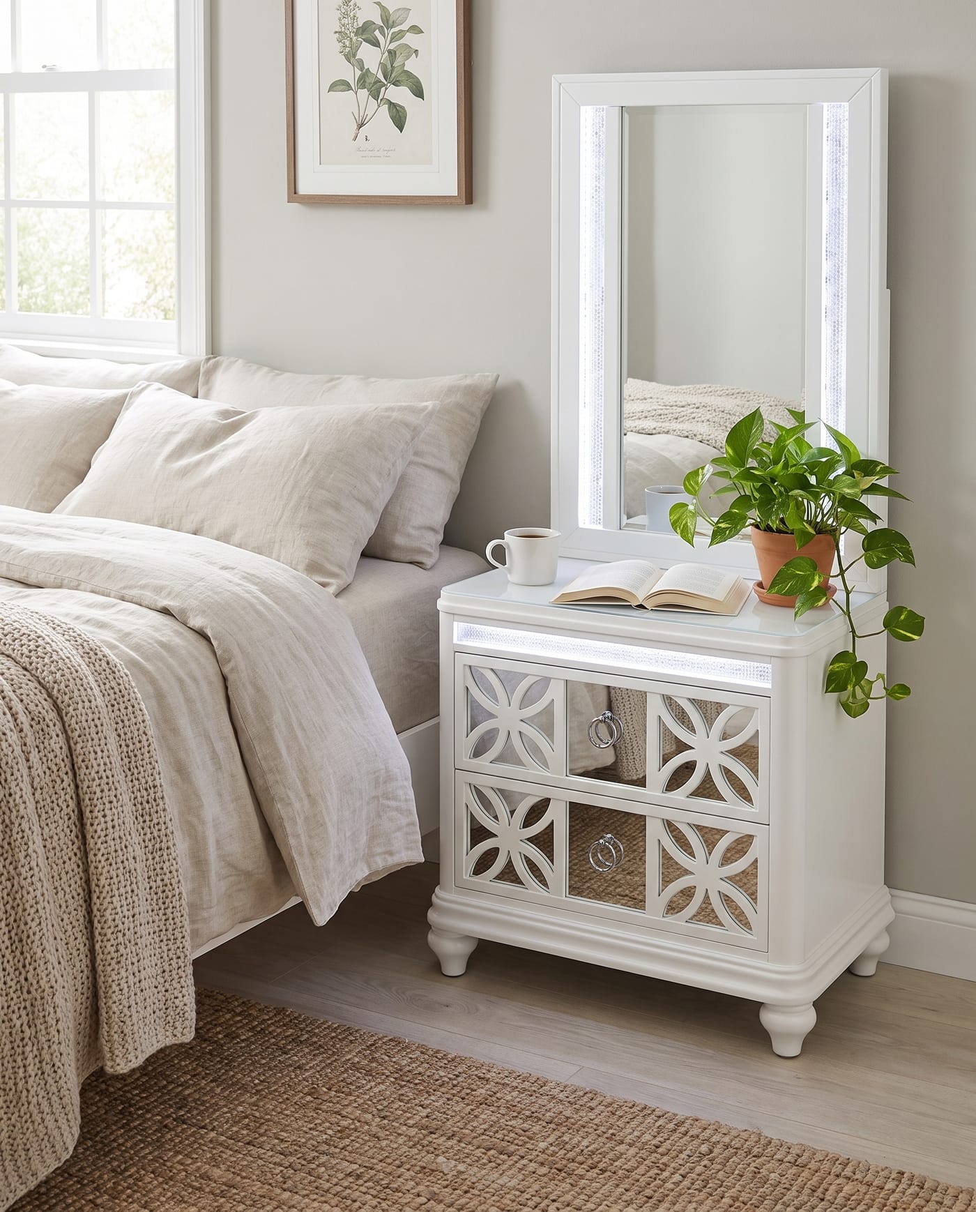Abigale mirror-top nightstand in crisp white beside a linen-dressed bed, showing both lattice drawers, chrome ring pulls and the lit LED strip under the top edge