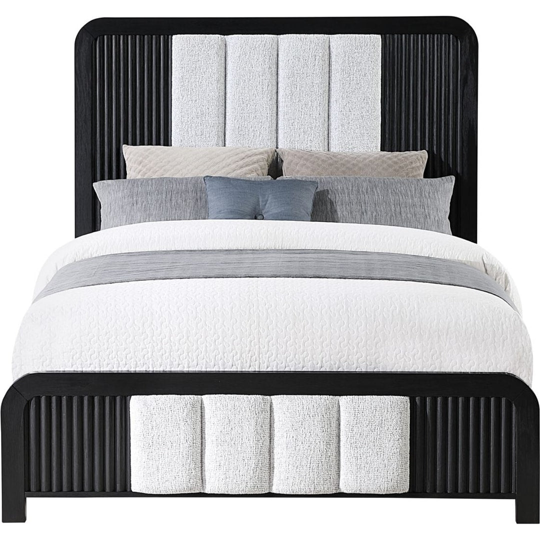 Front view of the Beckett black and white fluted queen bed
