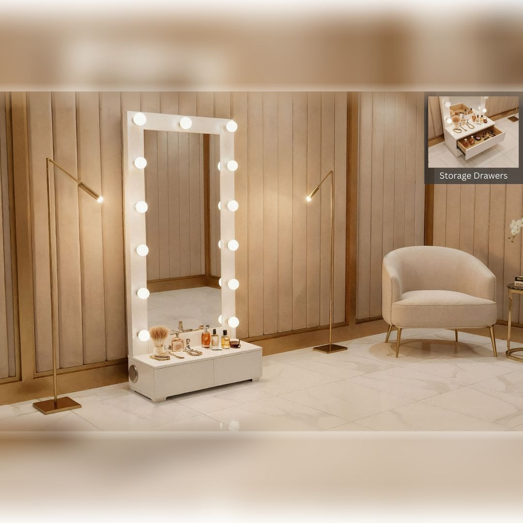 Ella white full-length floor mirror with LED globe lights and drawer base in a dressing room