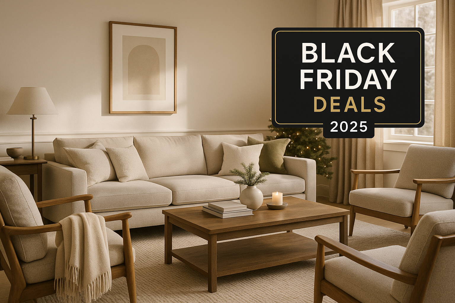 Modern living room with beige sofa, wooden chairs, coffee table, and Black Friday 2025 deals sign