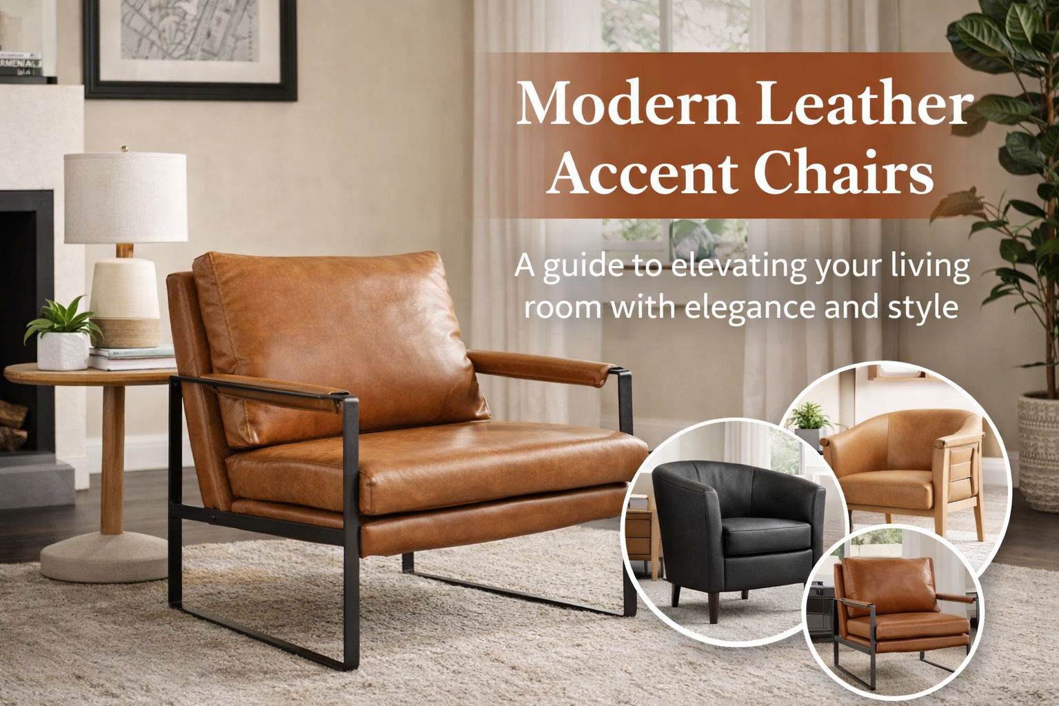 Modern leather accent chair with black metal frame in cozy living room setting