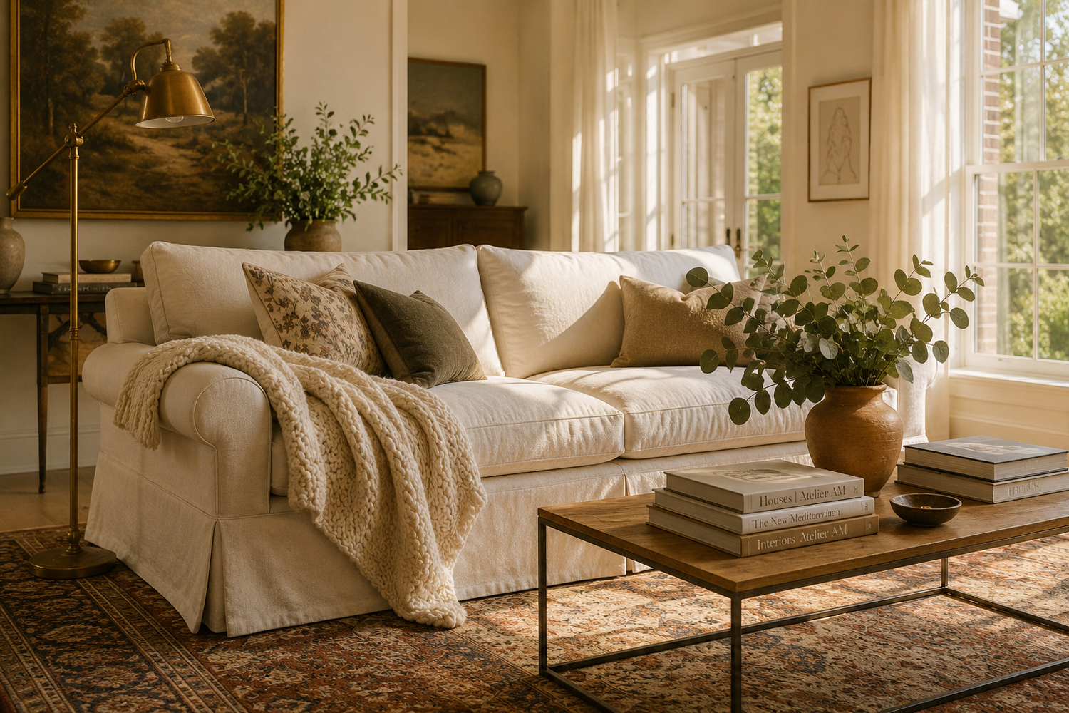 Cream linen skirted sofa with kick-pleat in a sunlit 2026 living room