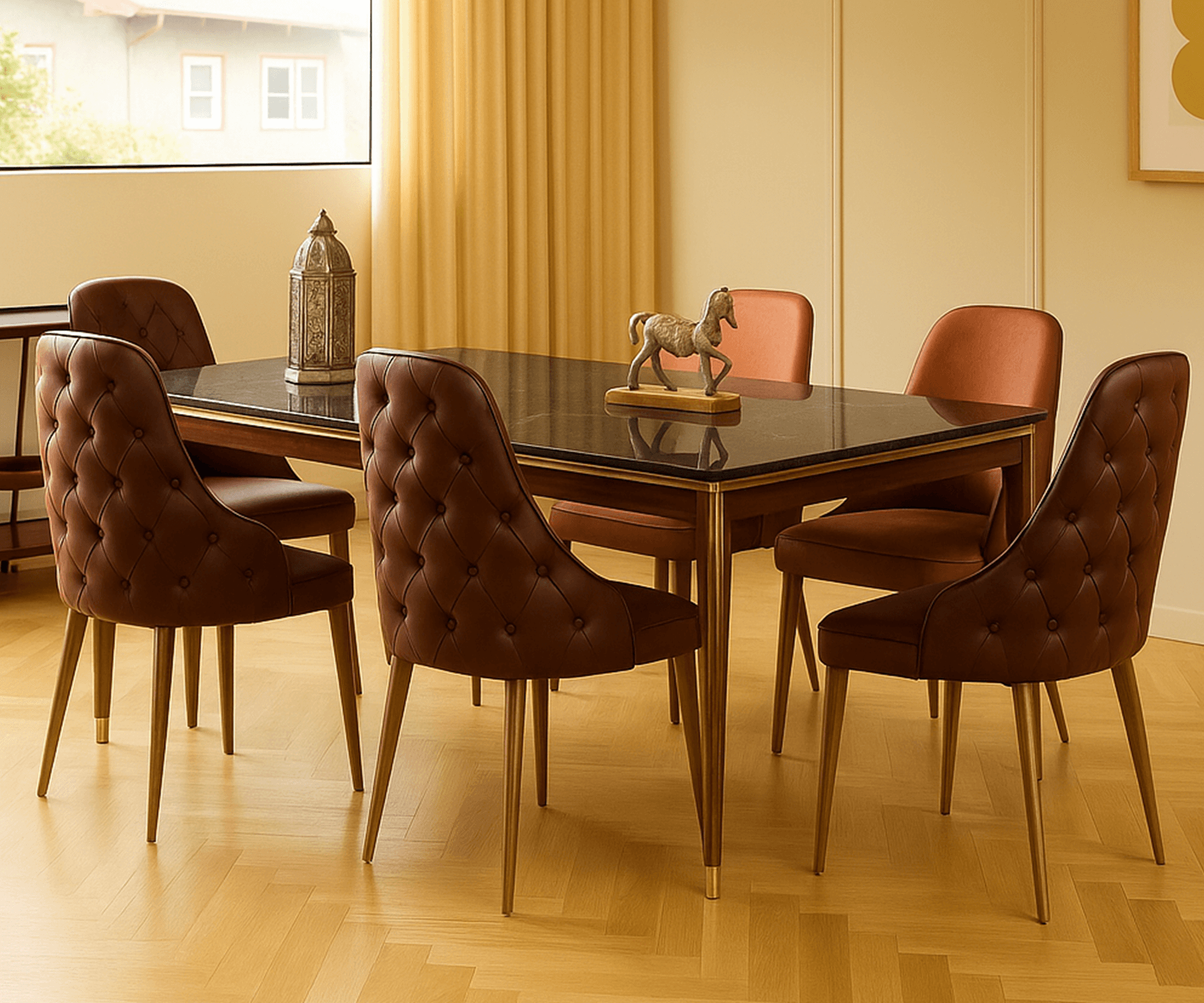 Modern wooden dining table with chevron pattern and matching bar stool, ideal for contemporary home decor