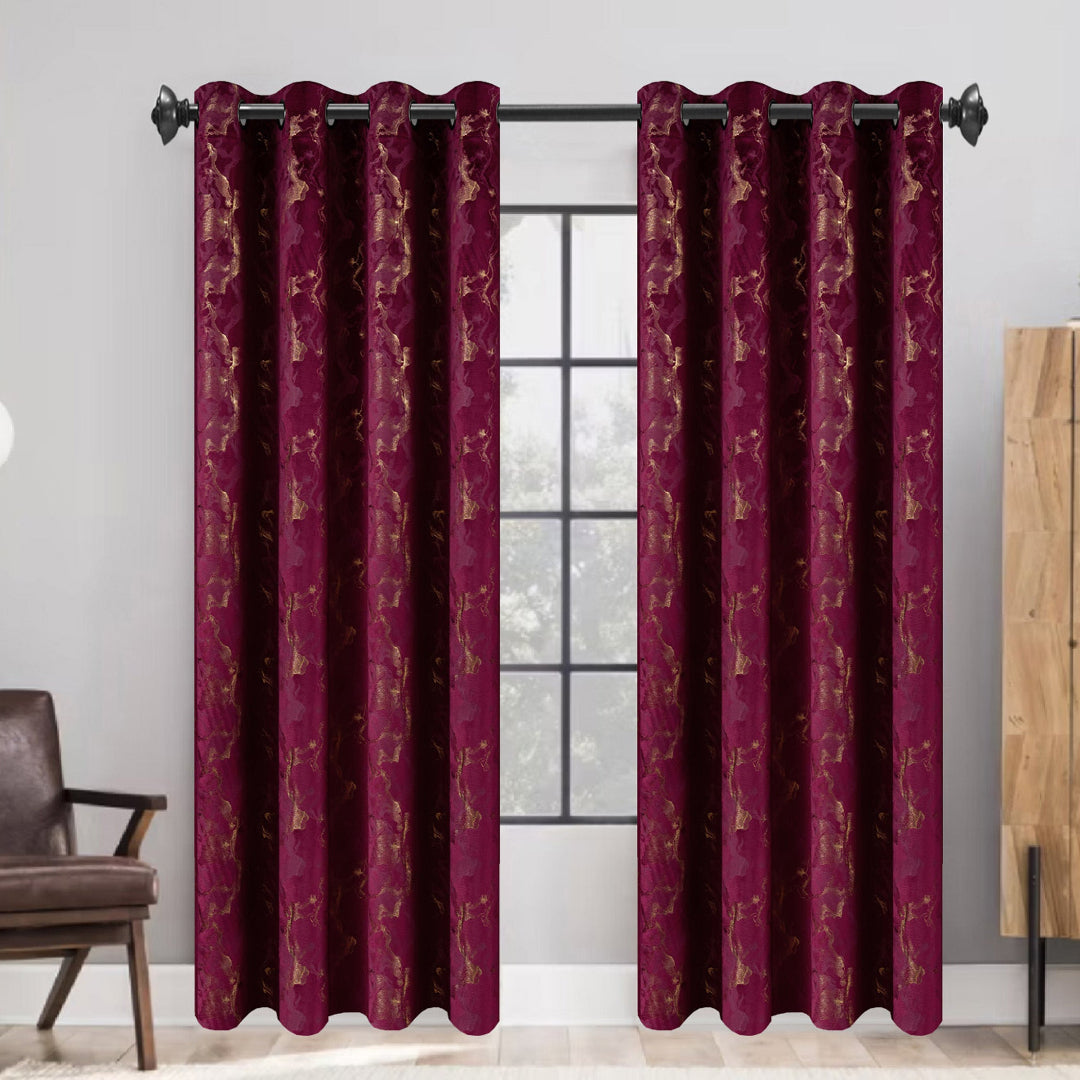 Burgundy blackout curtains with gold pattern, grommet top, modern home decor for living room windows